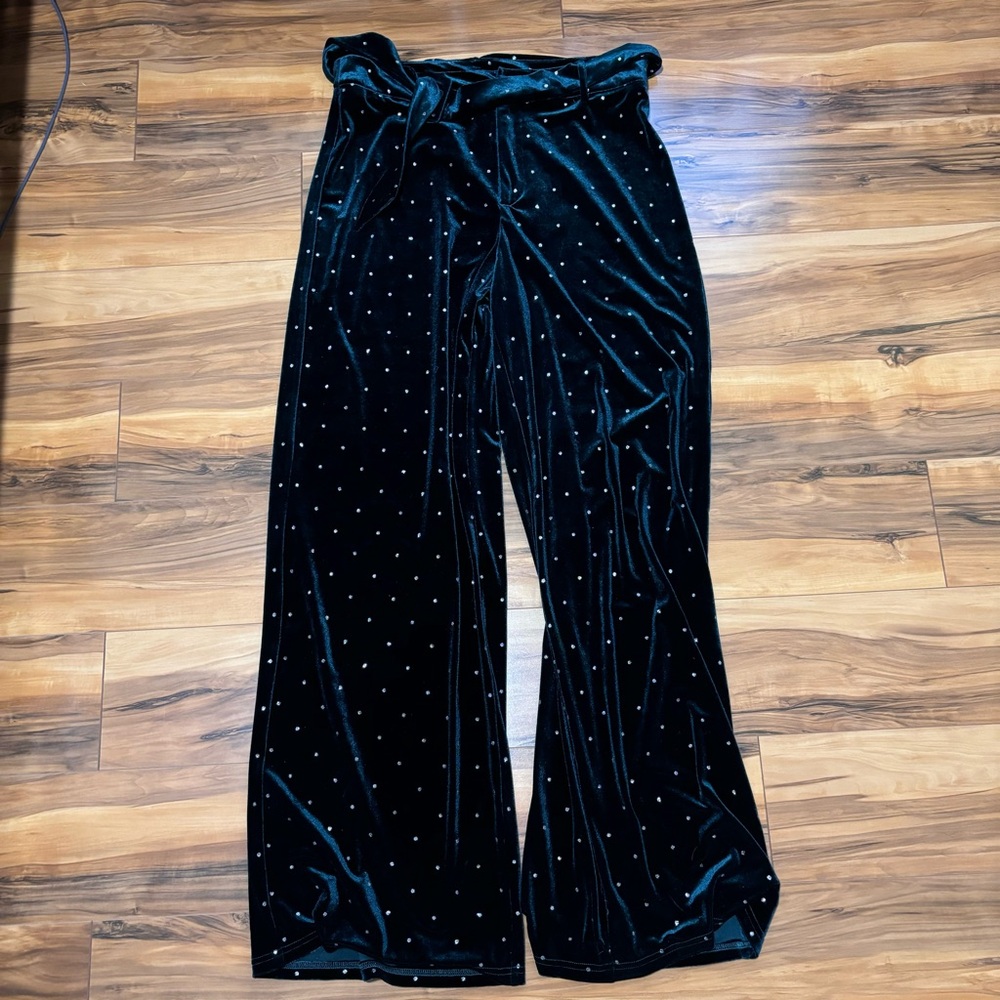 Velvet Emerald Wide-Leg Pants with Silver Dots